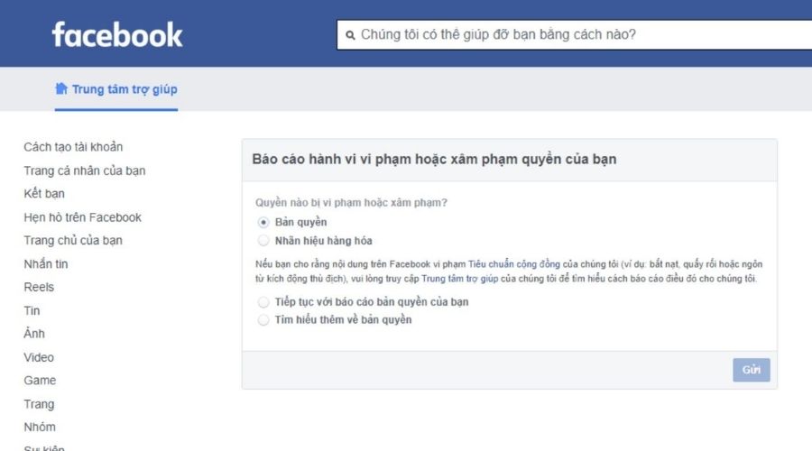 báo cáo bản quyền fanpage