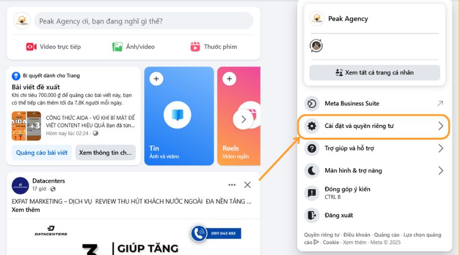 chọn cài đặt và quyền riêng tư trên fanpage
