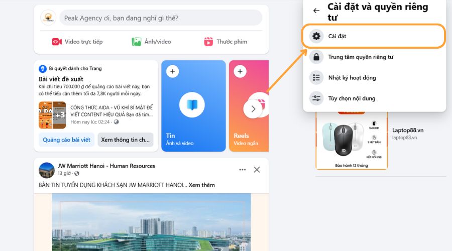 chọn cài đặt