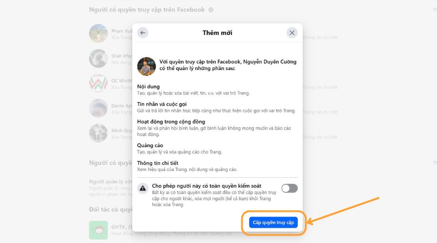chọn cấp quyền truy cập