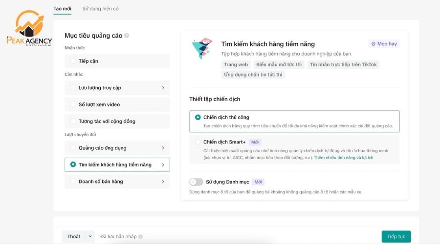 Lựa chọn mục tiêu quảng cáo Tiktok
